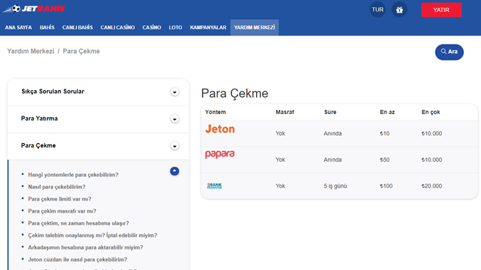 Jetbahis para çekme